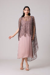 Leah Embroidered Cape Midi Dress - Rose Ash & Burnt Mauve